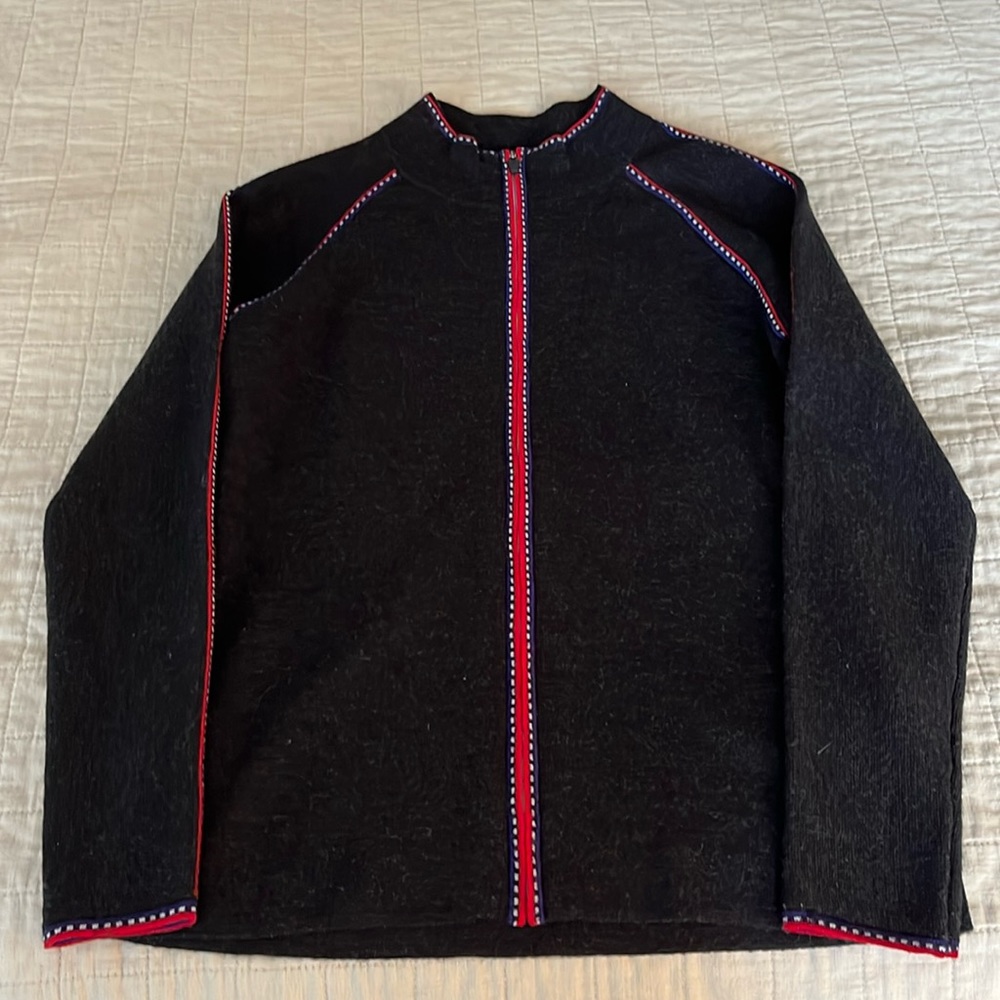 Krimson Klover charcoal merino wool zip sweater with indigo, red, white detail